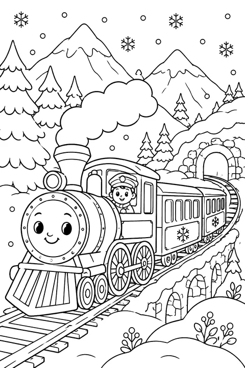 Train in snowy mountains coloring page
