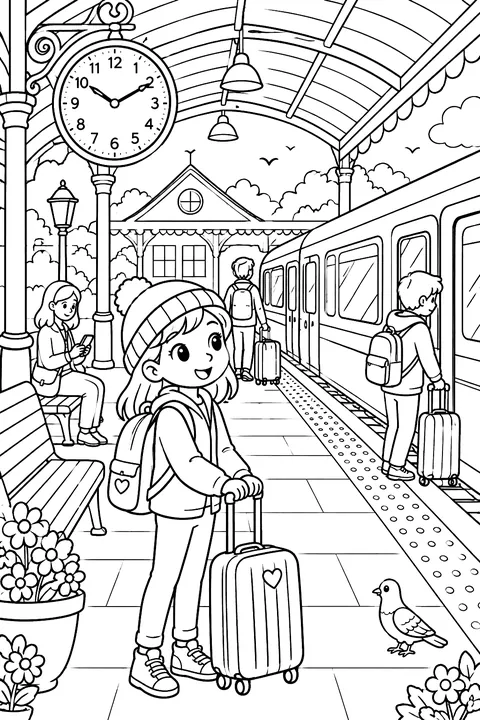 Train station with a clock and passengers coloring page