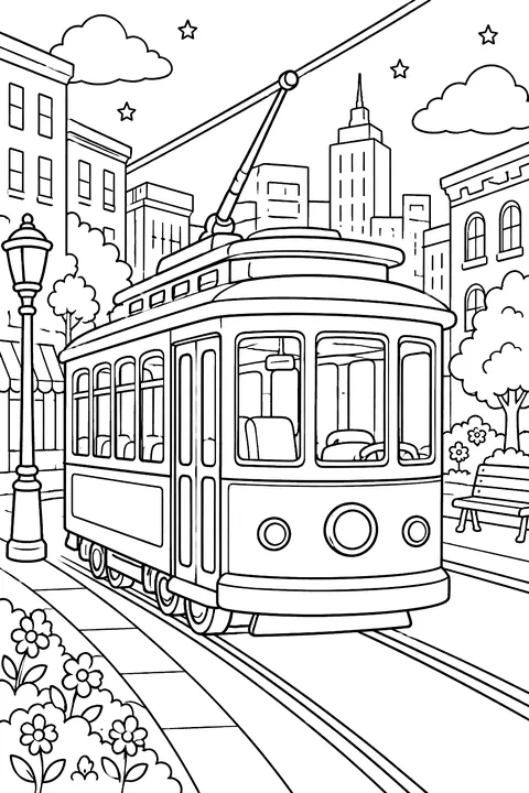 Trolley car in a city coloring page