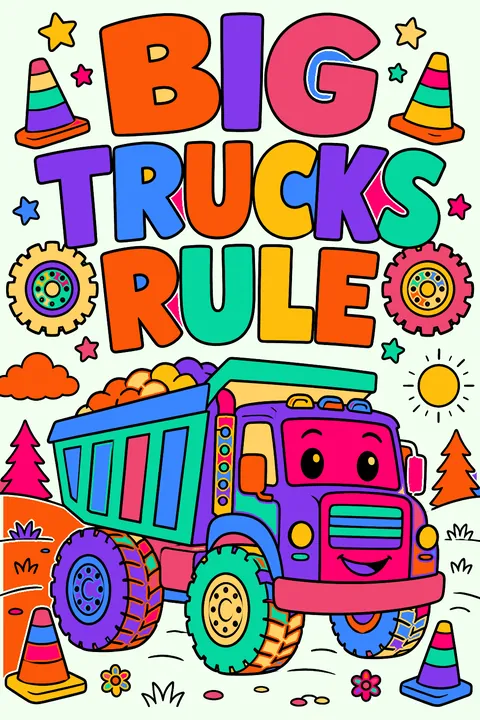 Big trucks rule lettering in big outline letters with wheels and cones coloring page