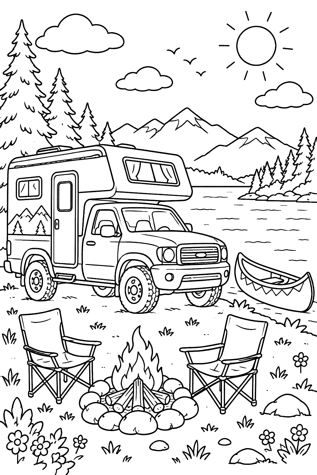 Camper truck parked by a lake with a campfire and a canoe coloring page