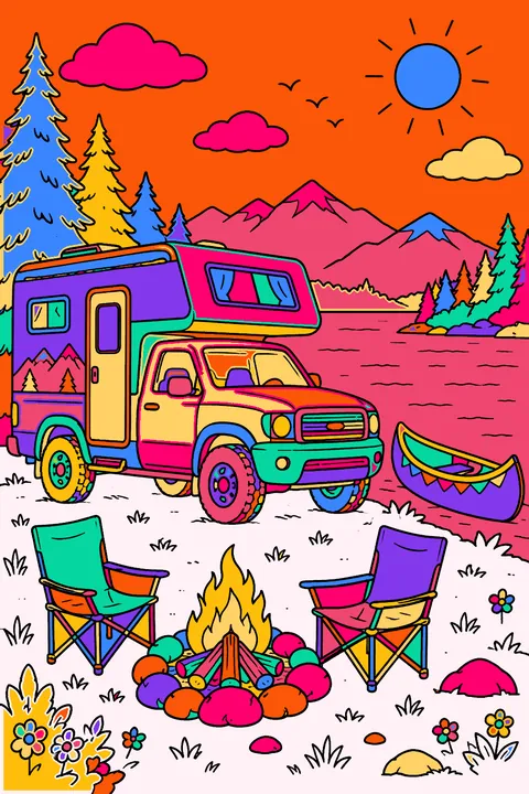 Camper truck parked by a lake with a campfire and a canoe coloring page
