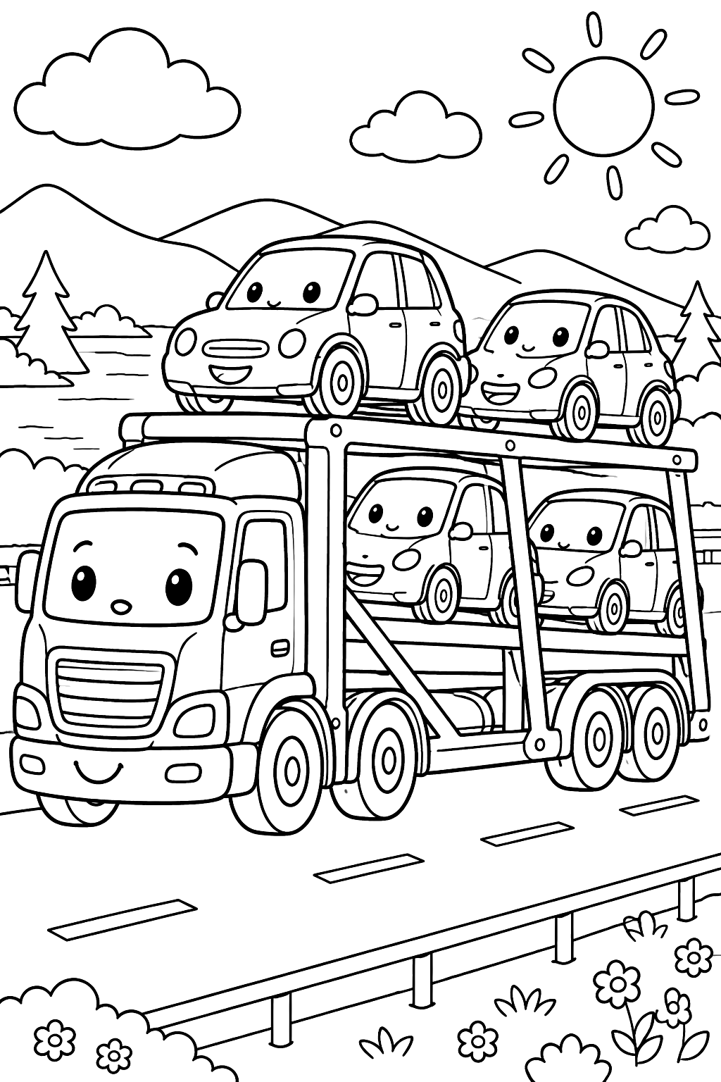 Car carrier truck hauling four small cars along a highway coloring page