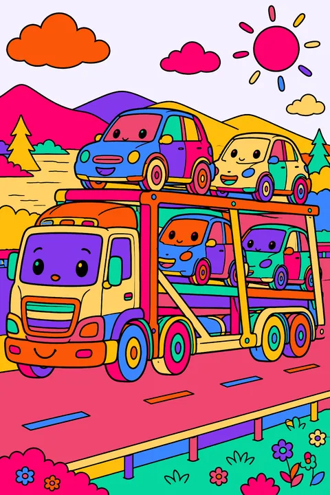 Car carrier truck hauling four small cars along a highway coloring page
