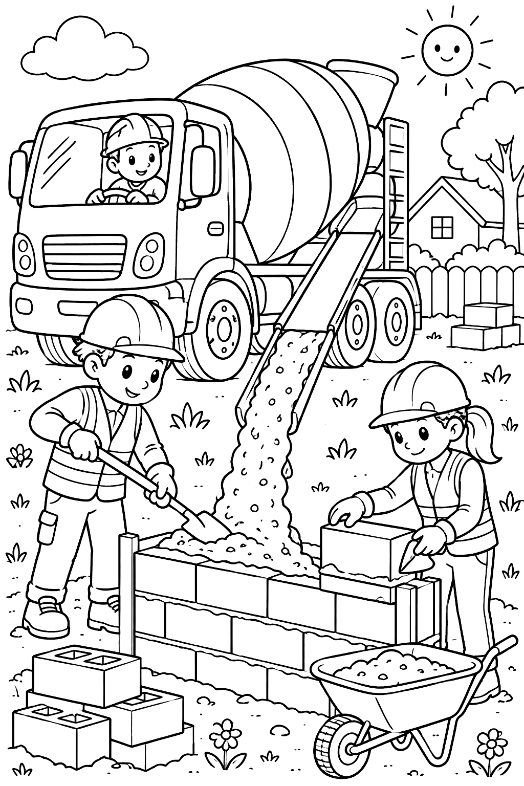 Cement mixer truck pouring concrete beside workers building a wall coloring page