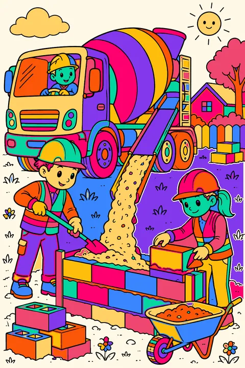 Cement mixer truck pouring concrete beside workers building a wall coloring page
