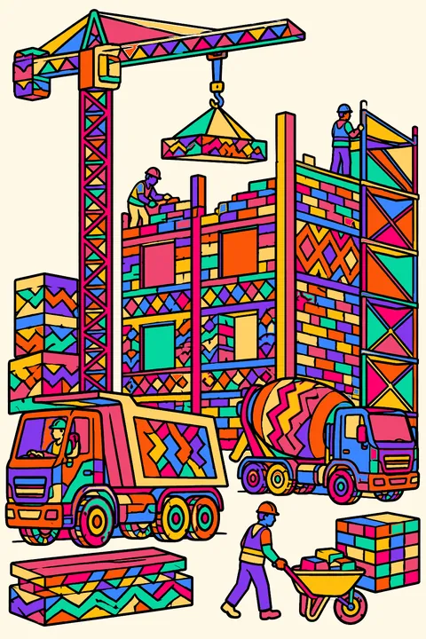 Construction site with trucks, cranes, scaffolding and intricate patterned brick walls coloring page