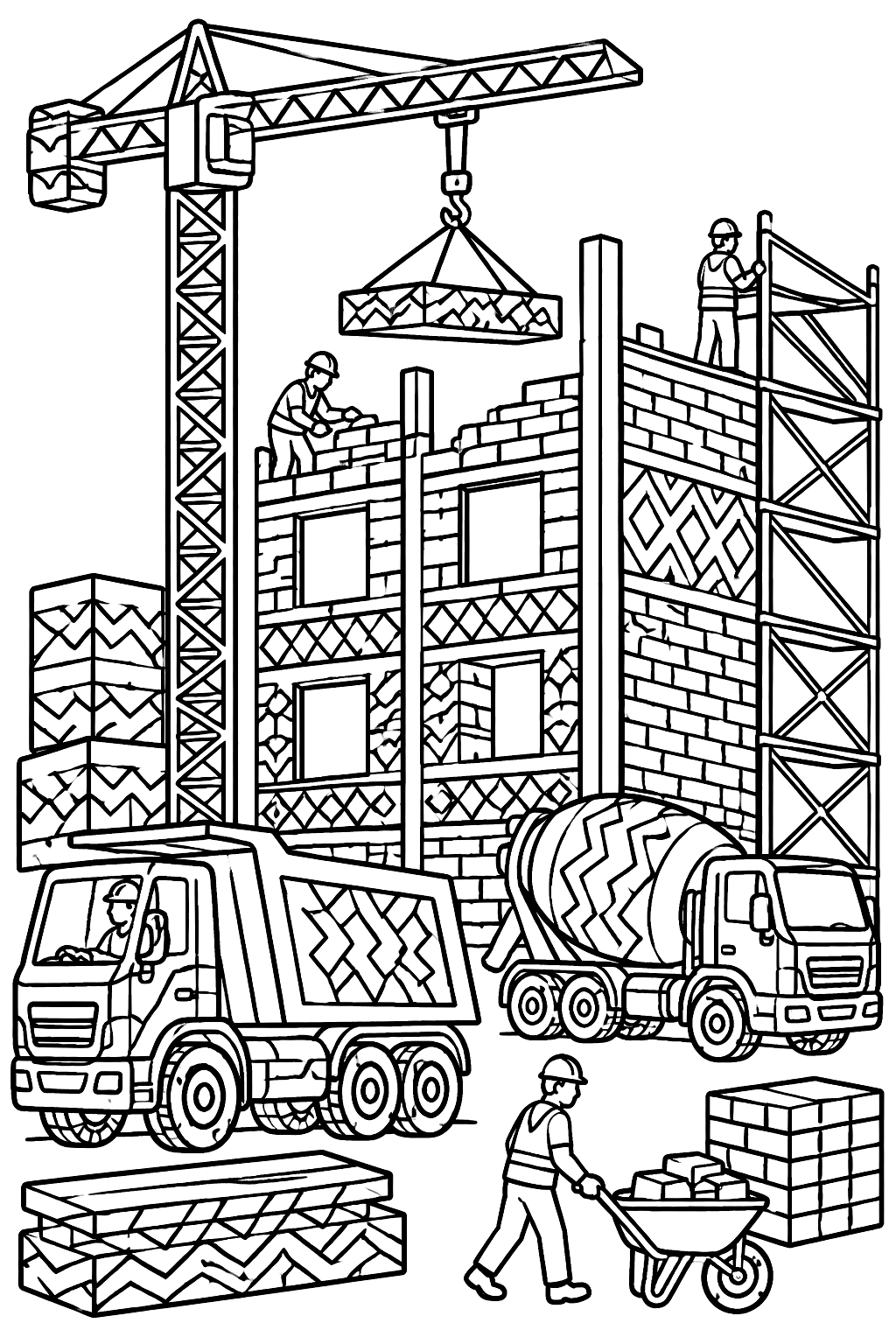 Construction site with trucks, cranes, scaffolding and intricate patterned brick walls coloring page