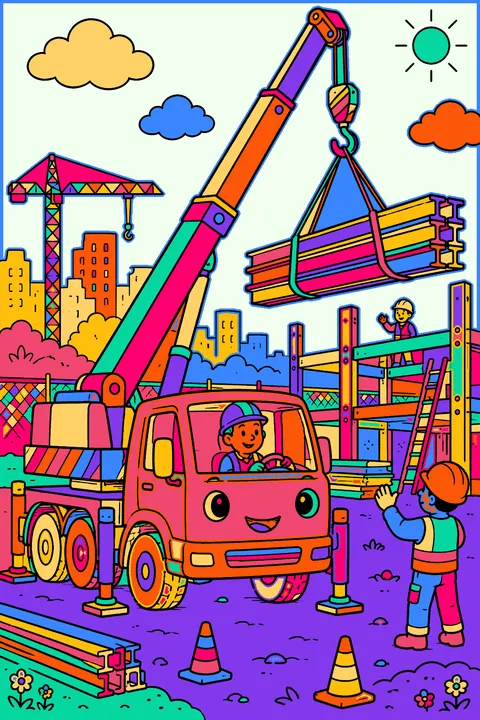 Crane truck lifting steel beams at a busy construction site coloring page