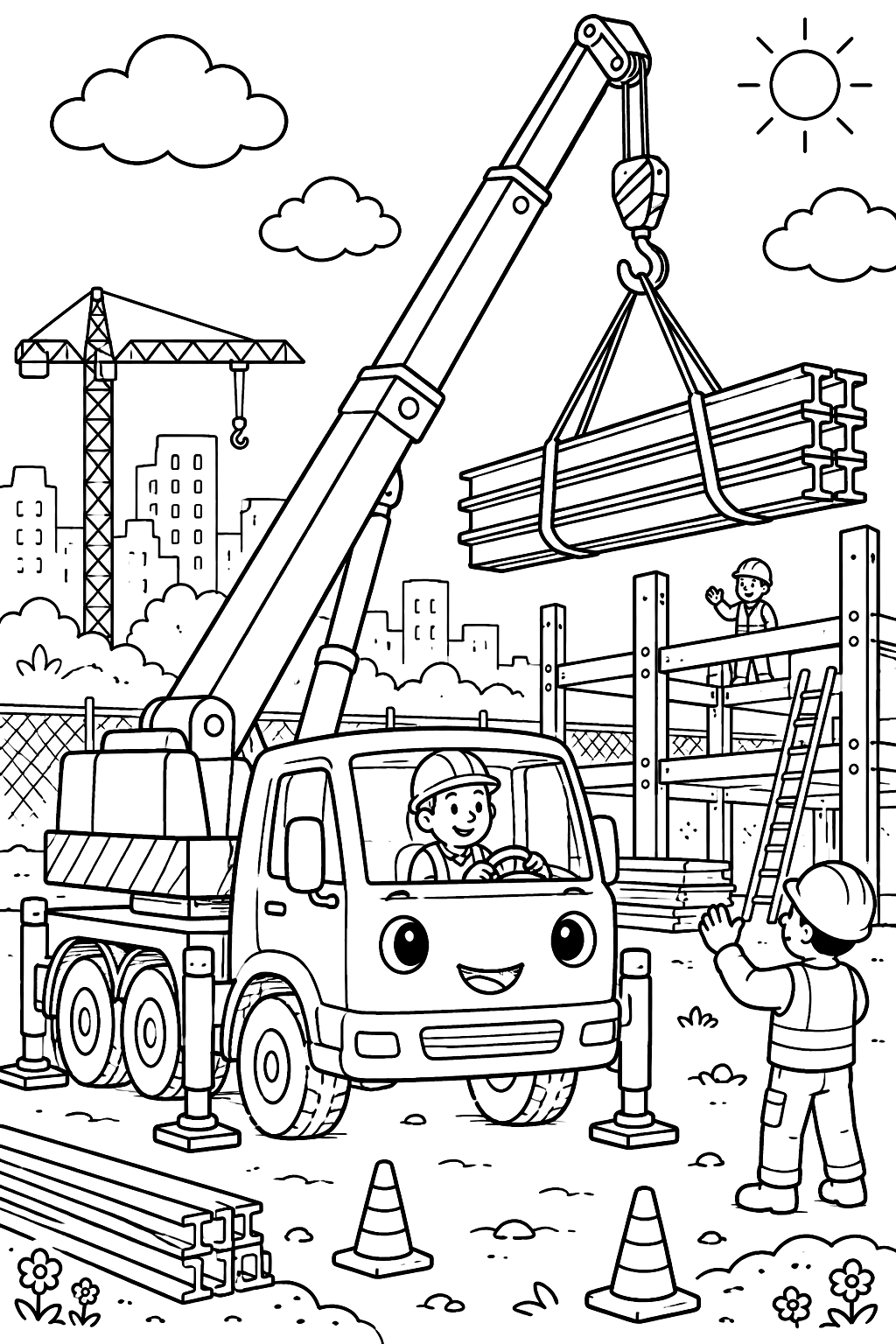 Crane truck lifting steel beams at a busy construction site coloring page