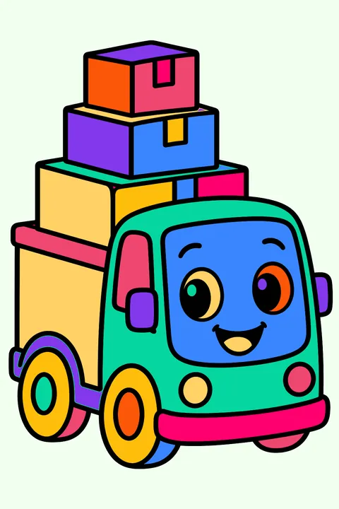 Cute delivery truck with a smiling face and a stack of boxes coloring page