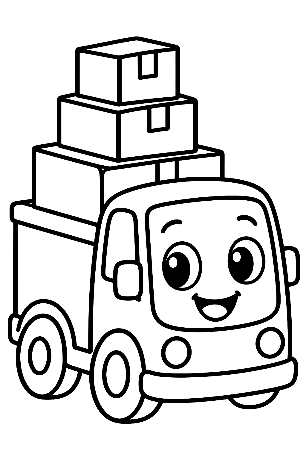 Cute delivery truck with a smiling face and a stack of boxes coloring page