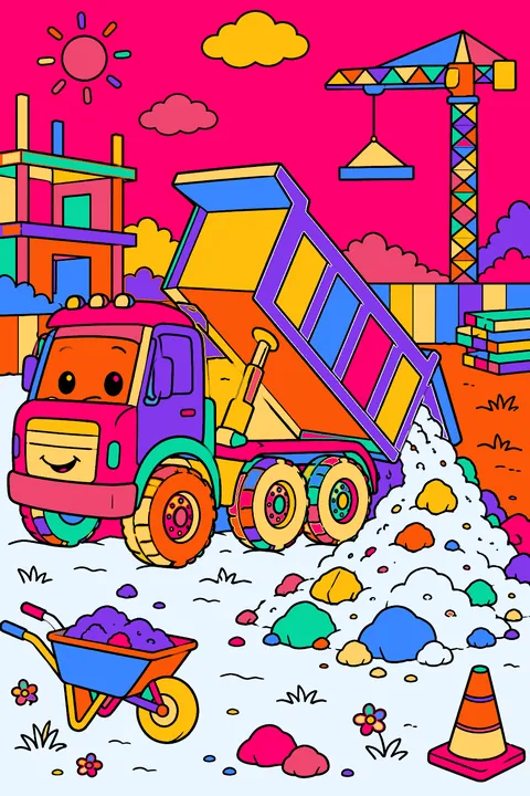 Dump truck unloading a pile of dirt and rocks at a construction site coloring page