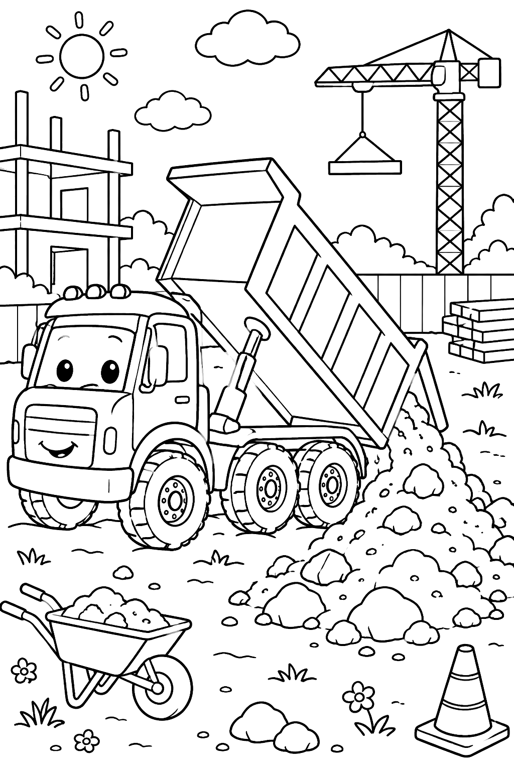 Dump truck unloading a pile of dirt and rocks at a construction site coloring page