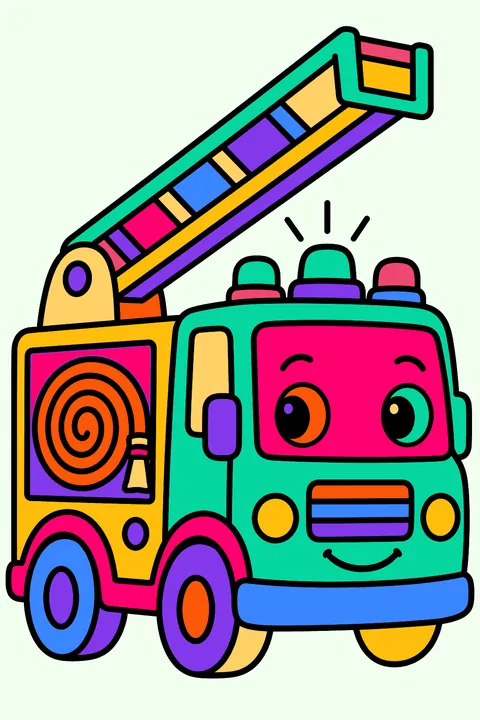 Fire truck with a tall ladder, coiled hose and lights on top coloring page