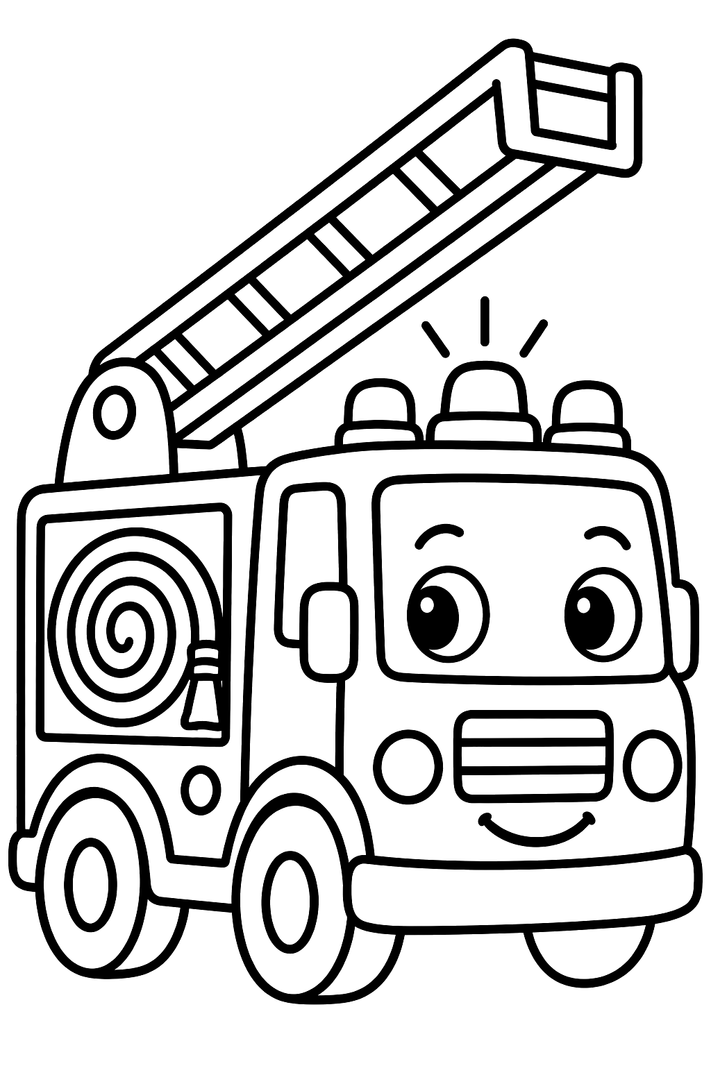 Fire truck with a tall ladder, coiled hose and lights on top coloring page