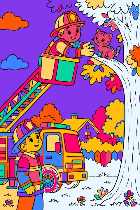 Firefighters rescuing a kitten from a tree beside a fire truck ladder coloring page