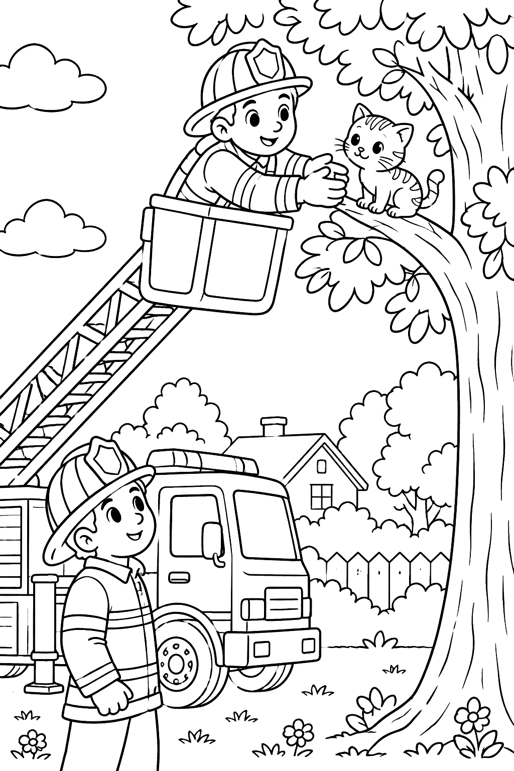 Firefighters rescuing a kitten from a tree beside a fire truck ladder coloring page