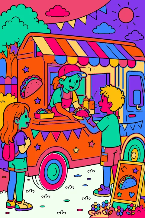 Food truck serving tacos under a striped awning to happy customers coloring page