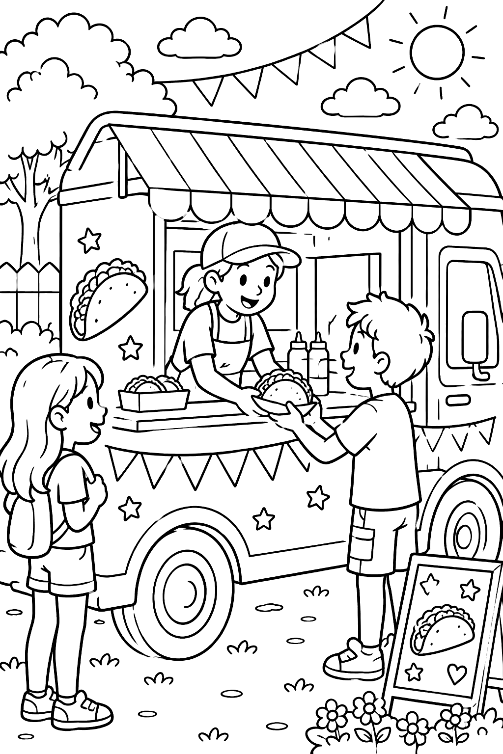 Food truck serving tacos under a striped awning to happy customers coloring page