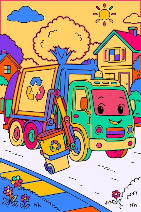 Garbage truck lifting a recycling bin on a quiet neighborhood street coloring page