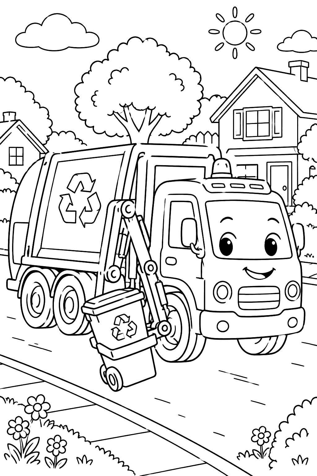 Garbage truck lifting a recycling bin on a quiet neighborhood street coloring page