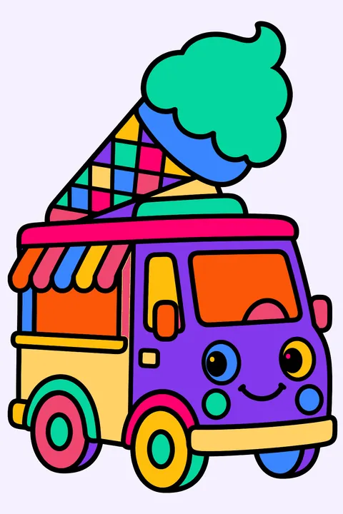 Ice cream truck with a big ice cream cone on its roof coloring page