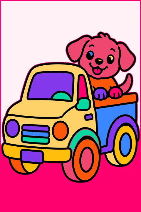 Little pickup truck with a happy puppy riding in the back coloring page