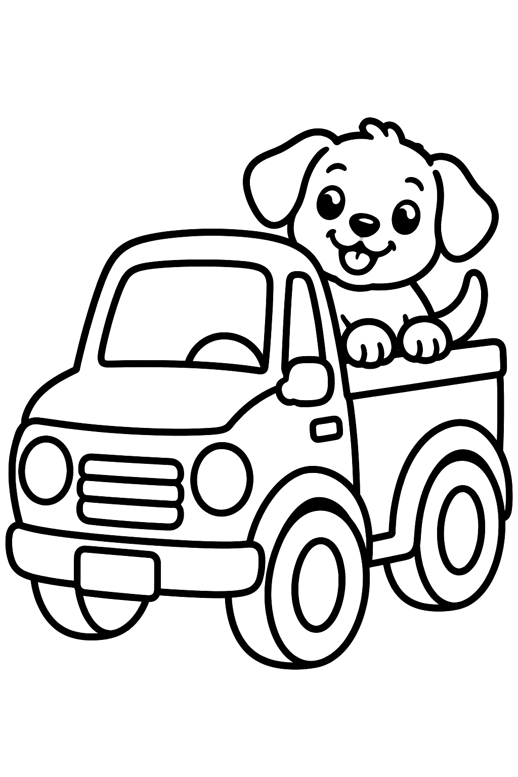 Little pickup truck with a happy puppy riding in the back coloring page