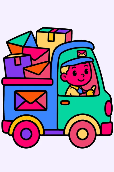 Mail truck driving along with letters and packages piled in back coloring page