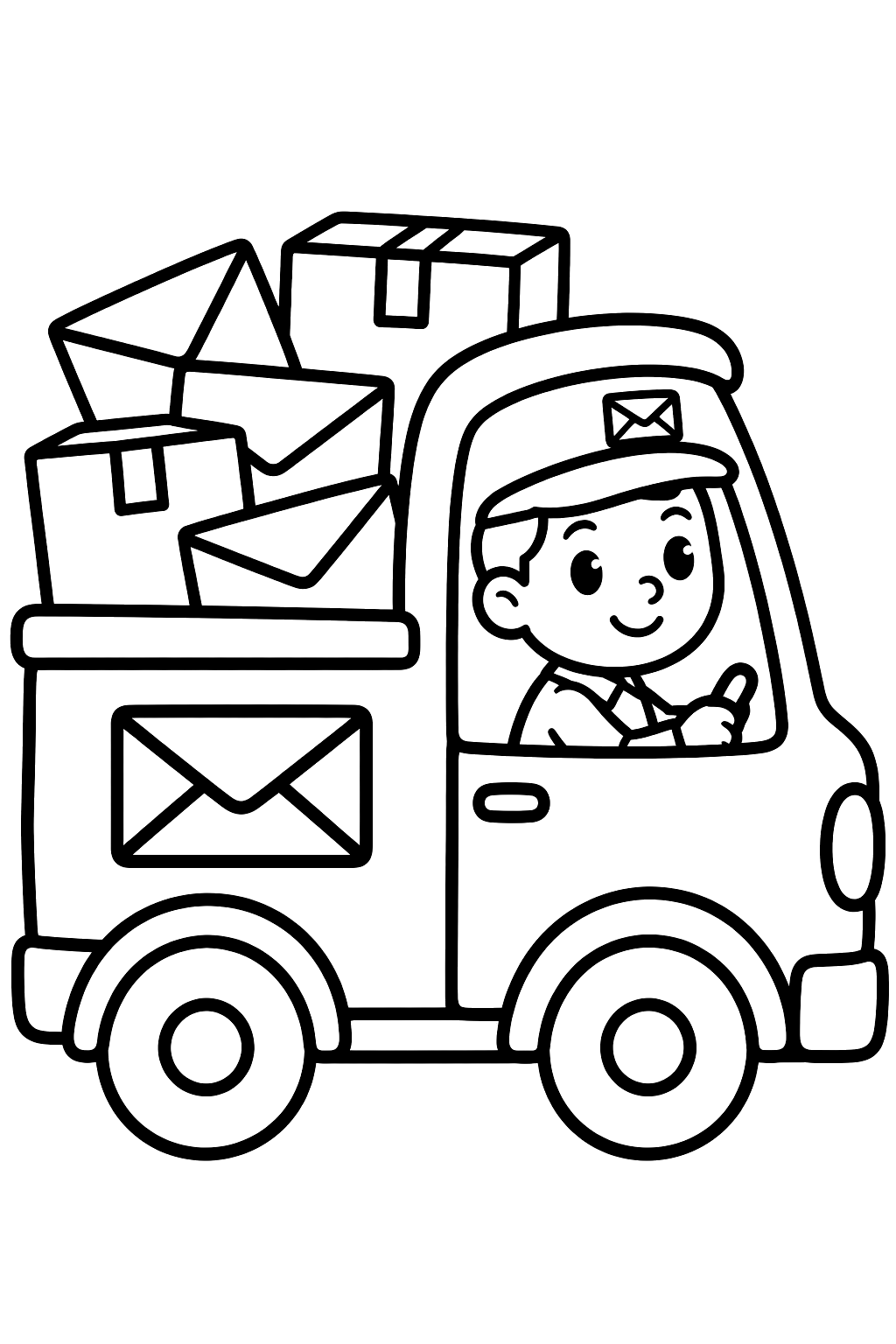 Mail truck driving along with letters and packages piled in back coloring page