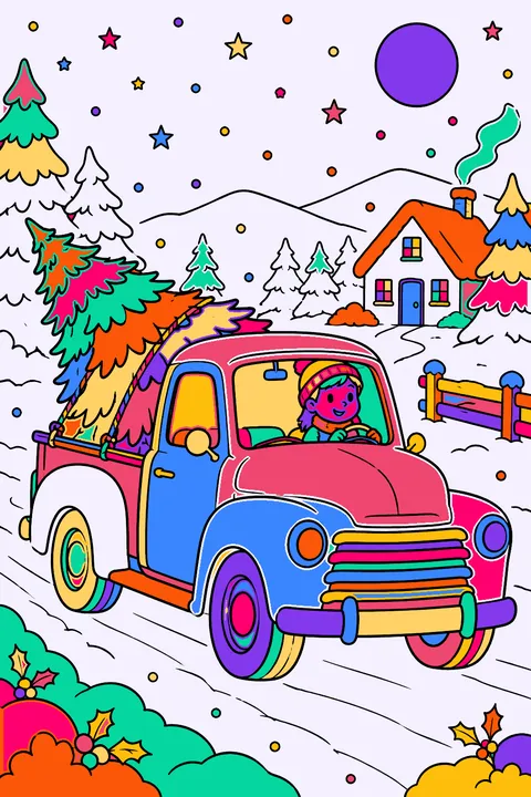 Pickup truck carrying a christmas tree home on a snowy evening coloring page