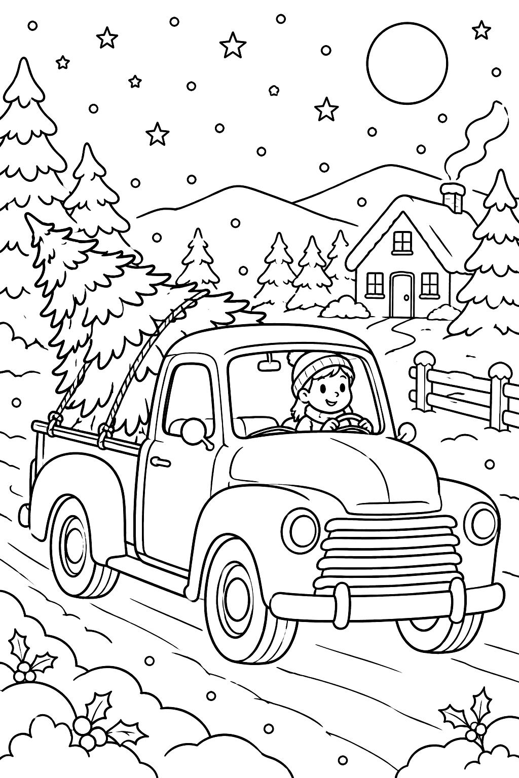Pickup truck carrying a christmas tree home on a snowy evening coloring page