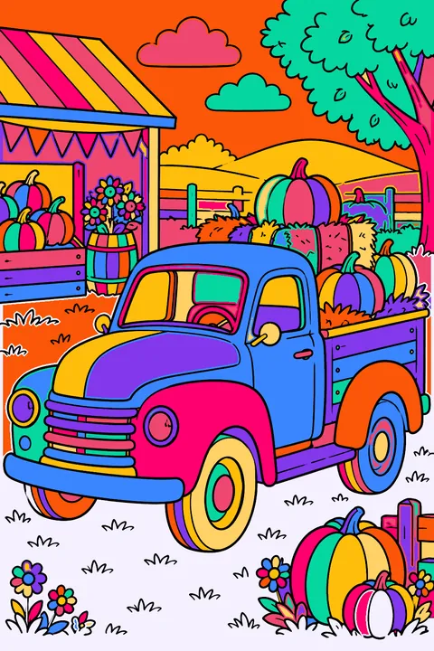 Pickup truck loaded with pumpkins and hay bales at a farm stand coloring page