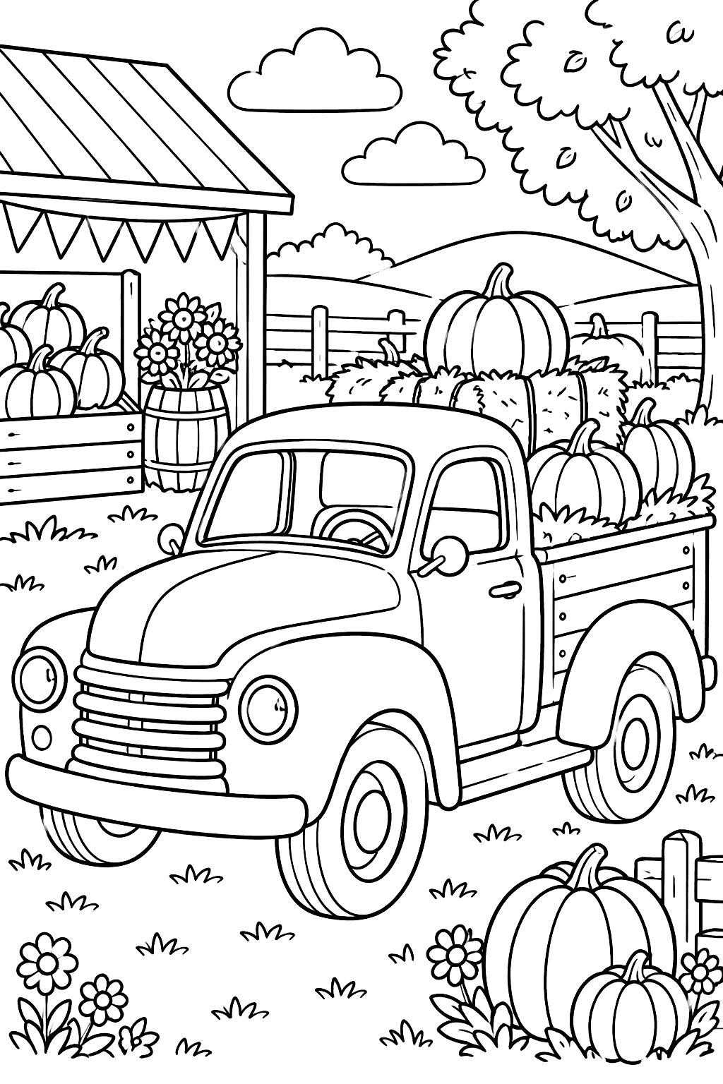 Pickup truck loaded with pumpkins and hay bales at a farm stand coloring page