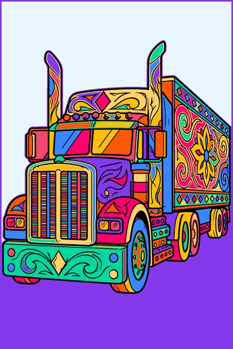 Semi truck with a chrome grille, tall stacks and an ornately patterned trailer coloring page