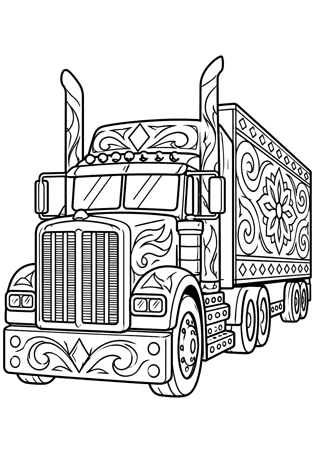 Semi truck with a chrome grille, tall stacks and an ornately patterned trailer coloring page