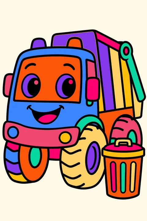 Smiling garbage truck with big wheels and a trash can beside it coloring page