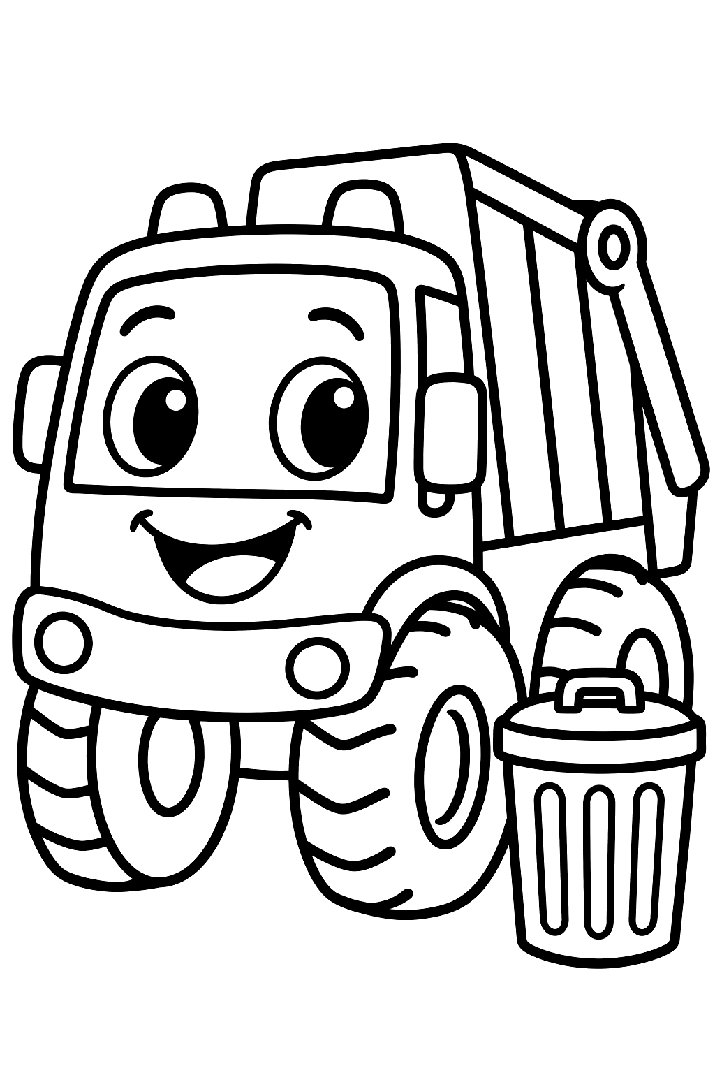 Smiling garbage truck with big wheels and a trash can beside it coloring page