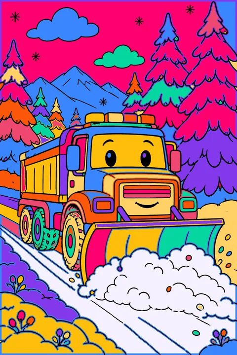 Snow plow truck clearing a snowy road past tall pine trees coloring page