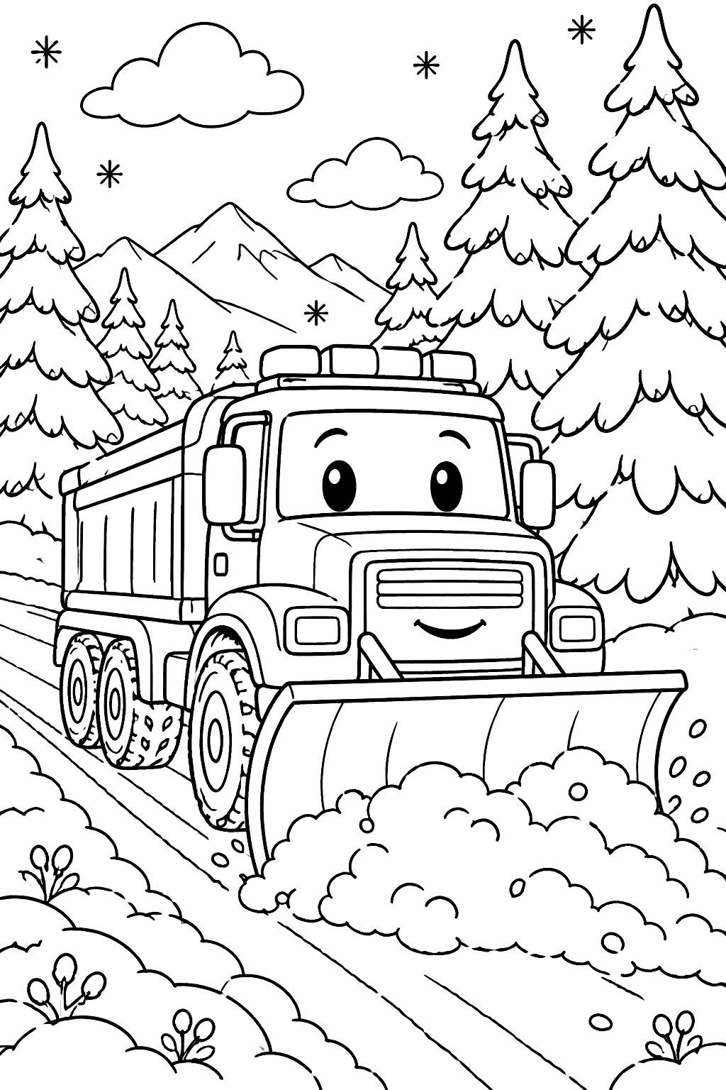Snow plow truck clearing a snowy road past tall pine trees coloring page