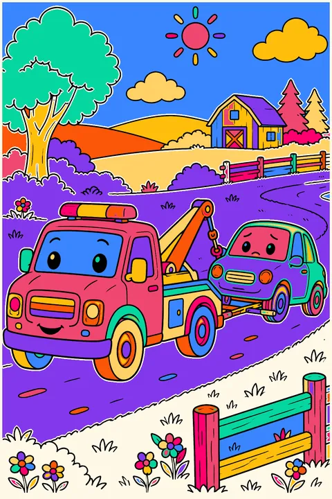 Tow truck pulling a small broken-down car along a country road coloring page