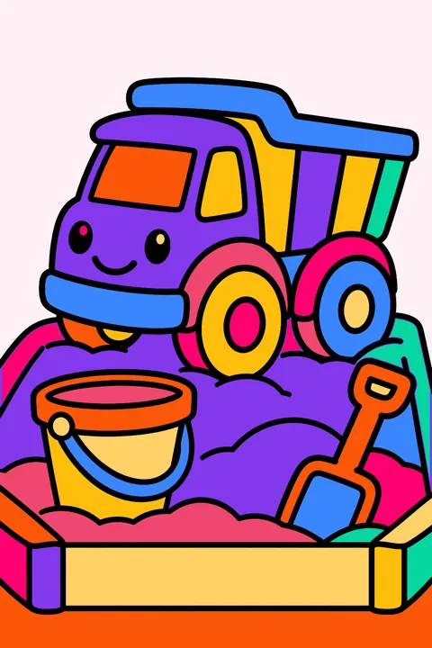 Toy dump truck in a sandbox with a bucket and shovel coloring page
