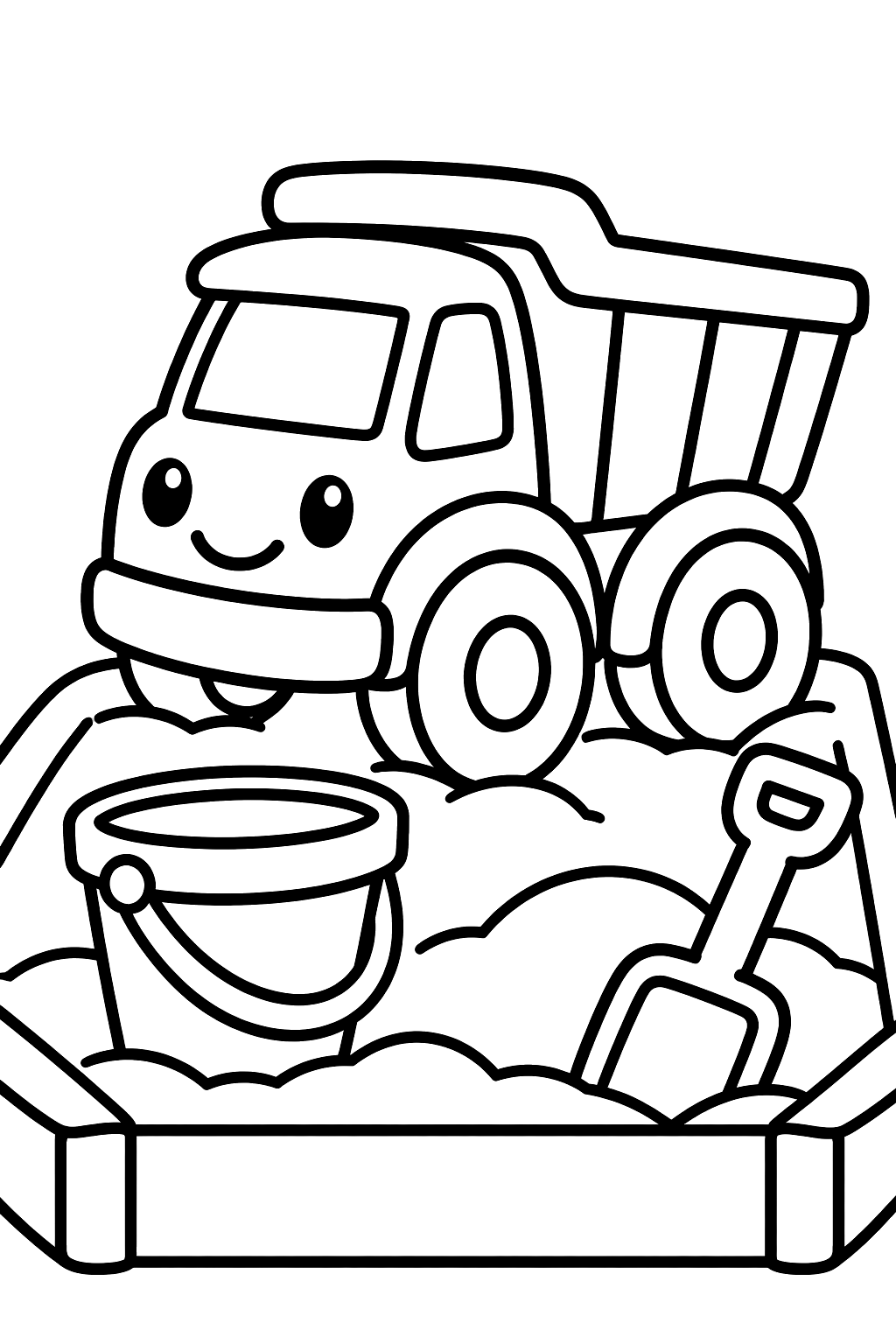 Toy dump truck in a sandbox with a bucket and shovel coloring page