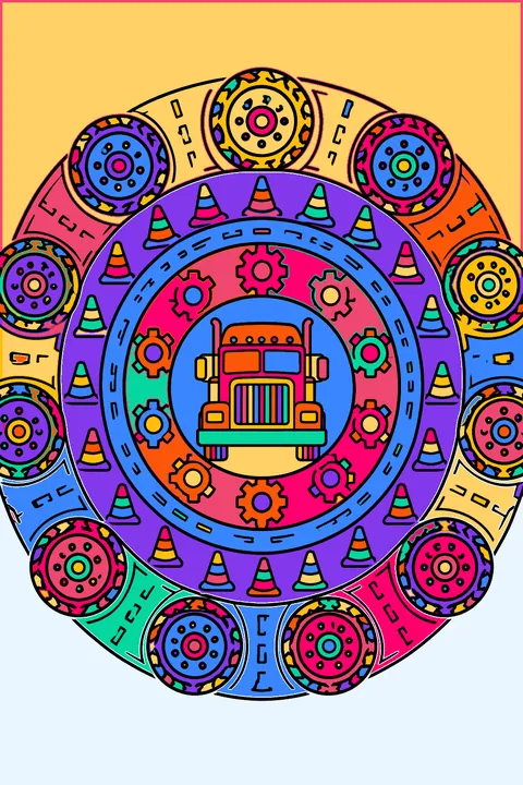 Truck mandala made of wheels, gears, traffic cones and road patterns in rings coloring page
