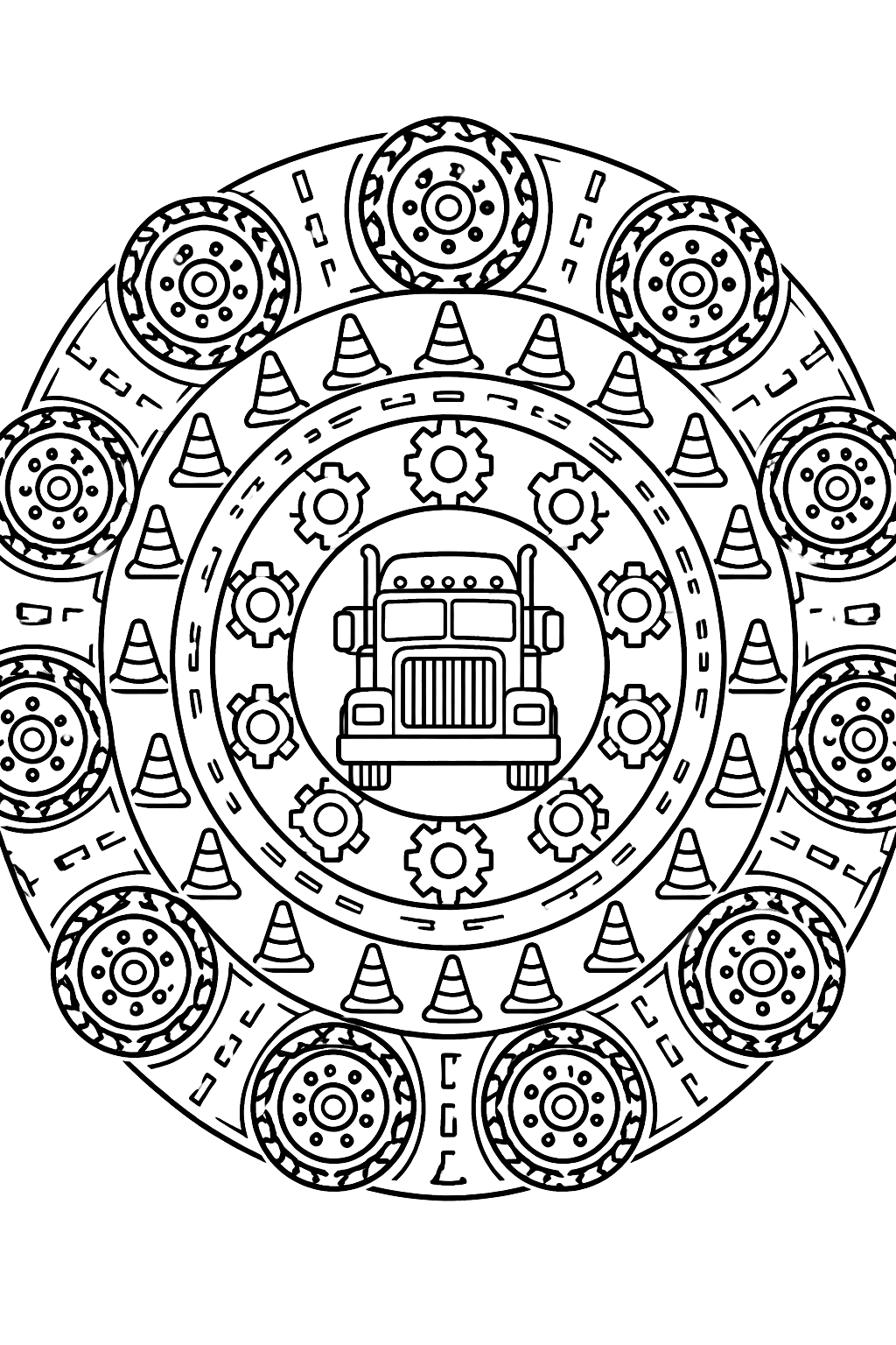 Truck mandala made of wheels, gears, traffic cones and road patterns in rings coloring page