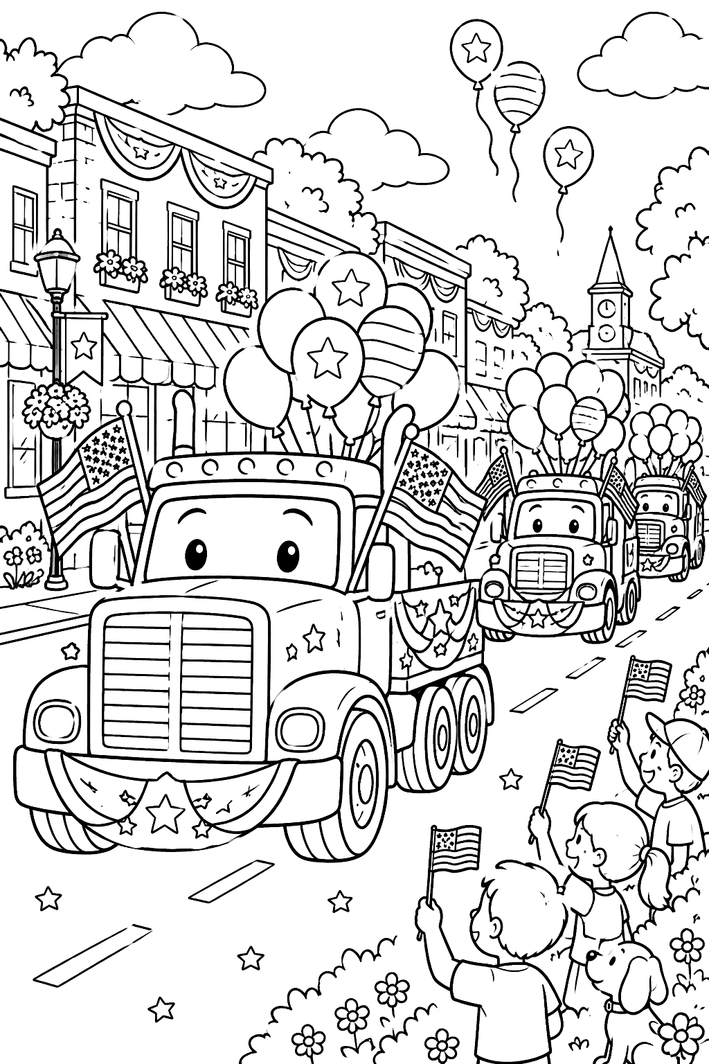 Trucks driving in a parade down main street with balloons and flags coloring page