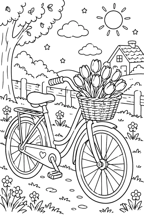 a bicycle with tulips in the basket coloring page