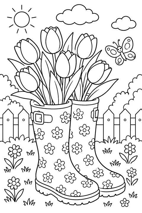 rain boots with tulips coloring page