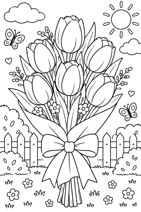 a bouquet of tulips with a ribbon coloring page